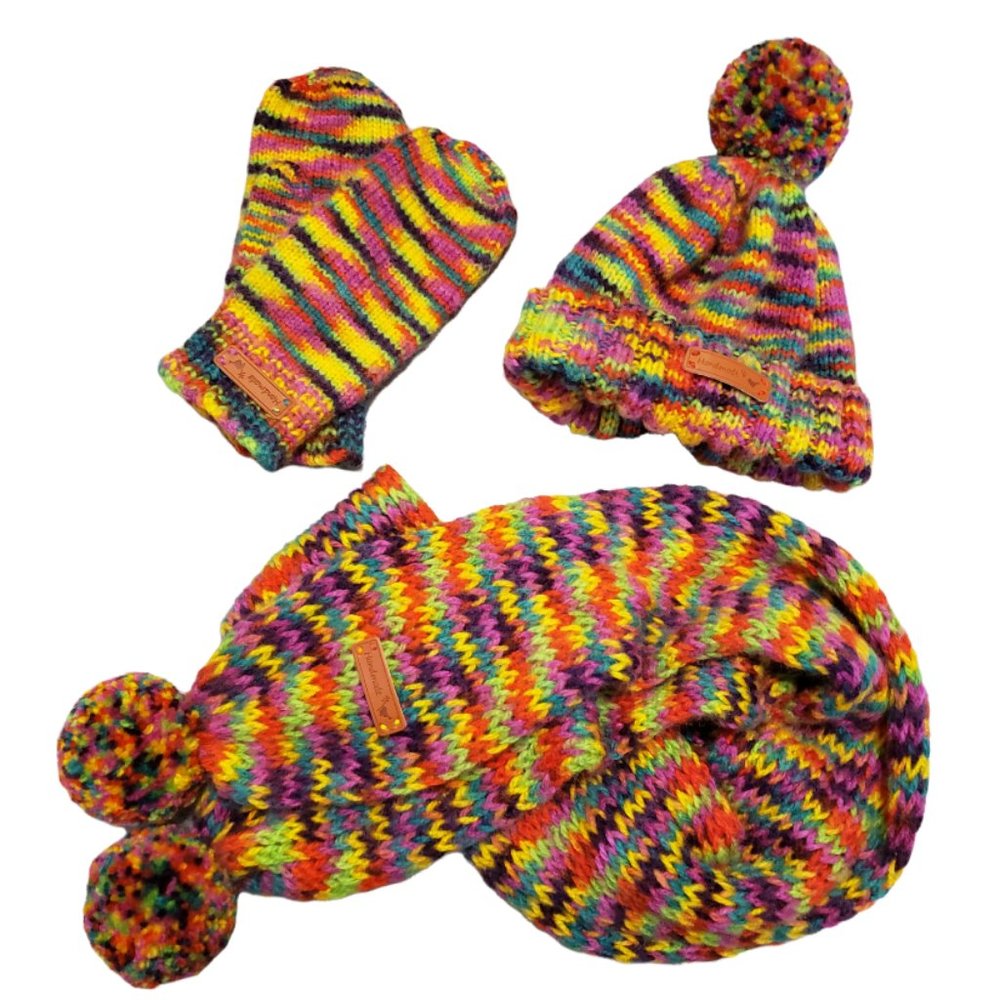 Handmade Rainbow Hat, Scarf and Mittens Set